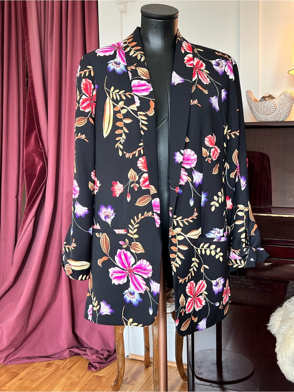 Express Black Floral Open-Front Blazer with Pink & Purple Blooms